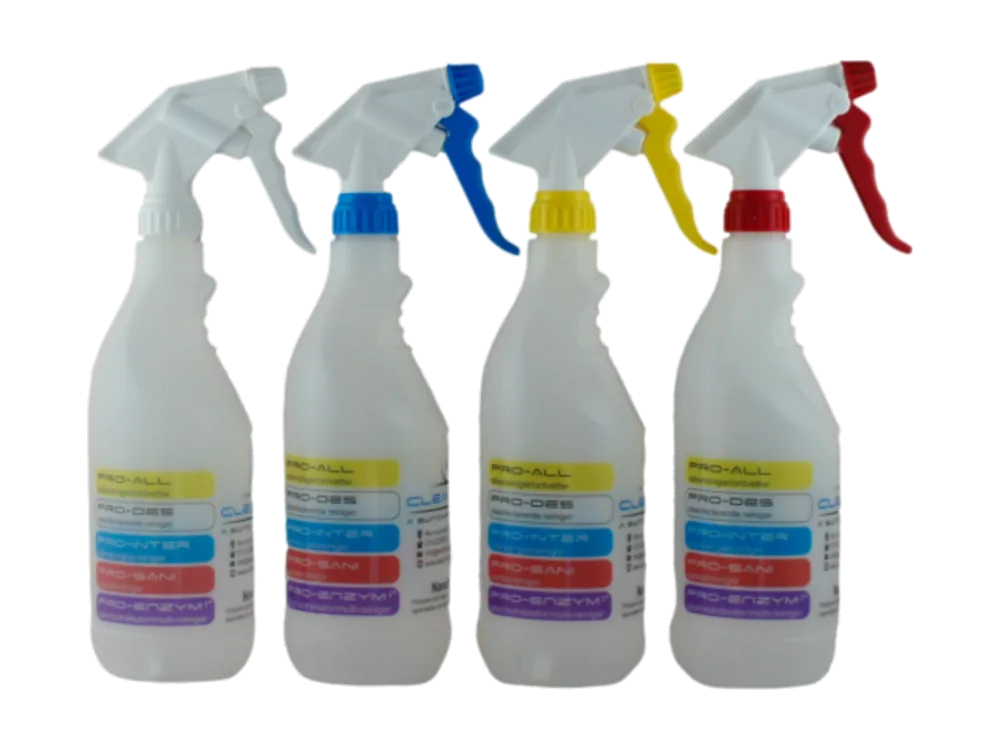 Navulflacons 750 ml met rode, gele, blauwe en witte trigger
