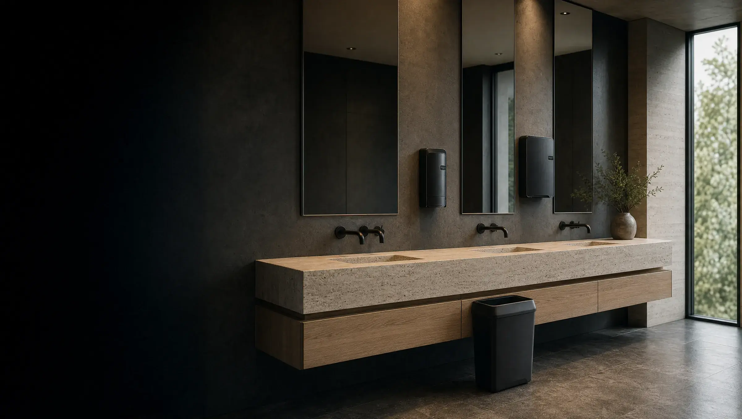 Moderne sanitaire ruimte met wastafels en wandgemonteerde dispensers, verzorgd door Sanor