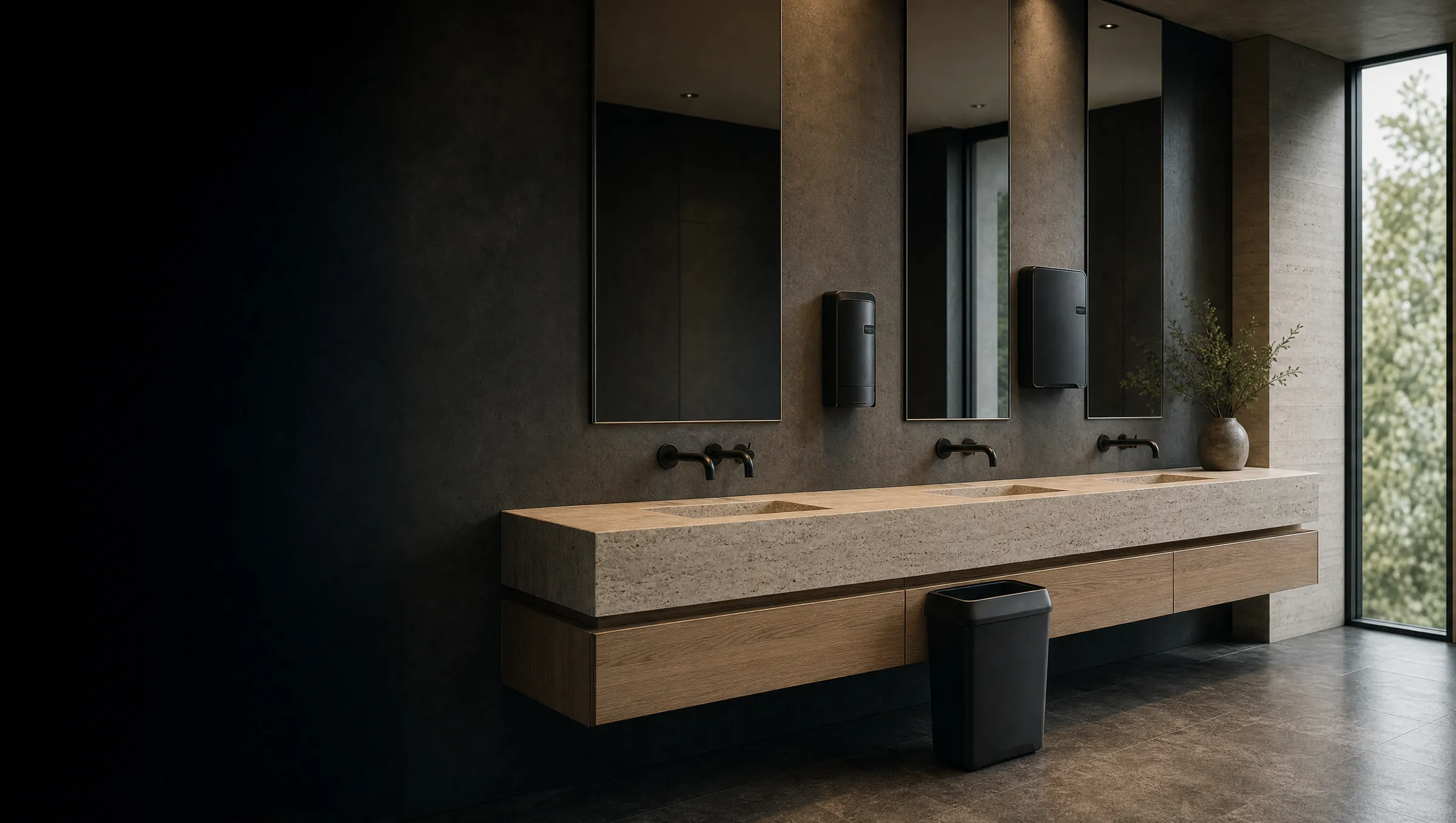 Moderne sanitaire ruimte met wastafels en wandgemonteerde dispensers, verzorgd door Sanor